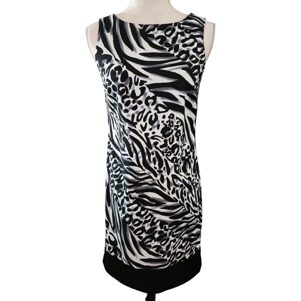 AB Studio Size 2 Sleeveless Animal Print Dress Zebra Leopard Black White Stretch